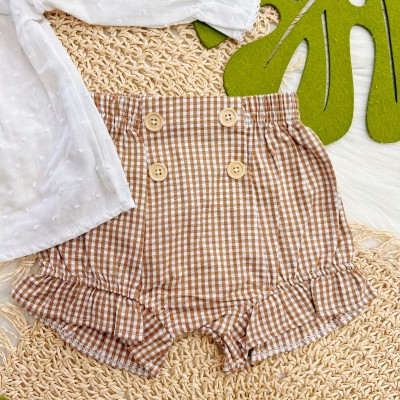 Conj. Batinha Manga Longa, Short e Faixinha de Cabelo Xadrez - Branco e Areia